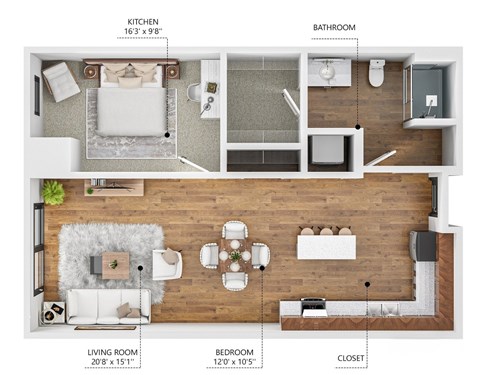 Floor plan for 1 bed, 1 bath, 662 sqft